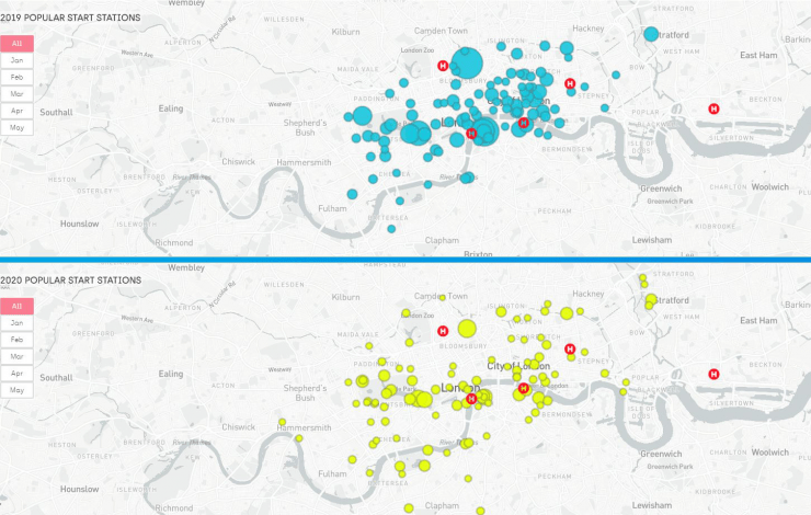 Map showing most popular start points for cycle hire